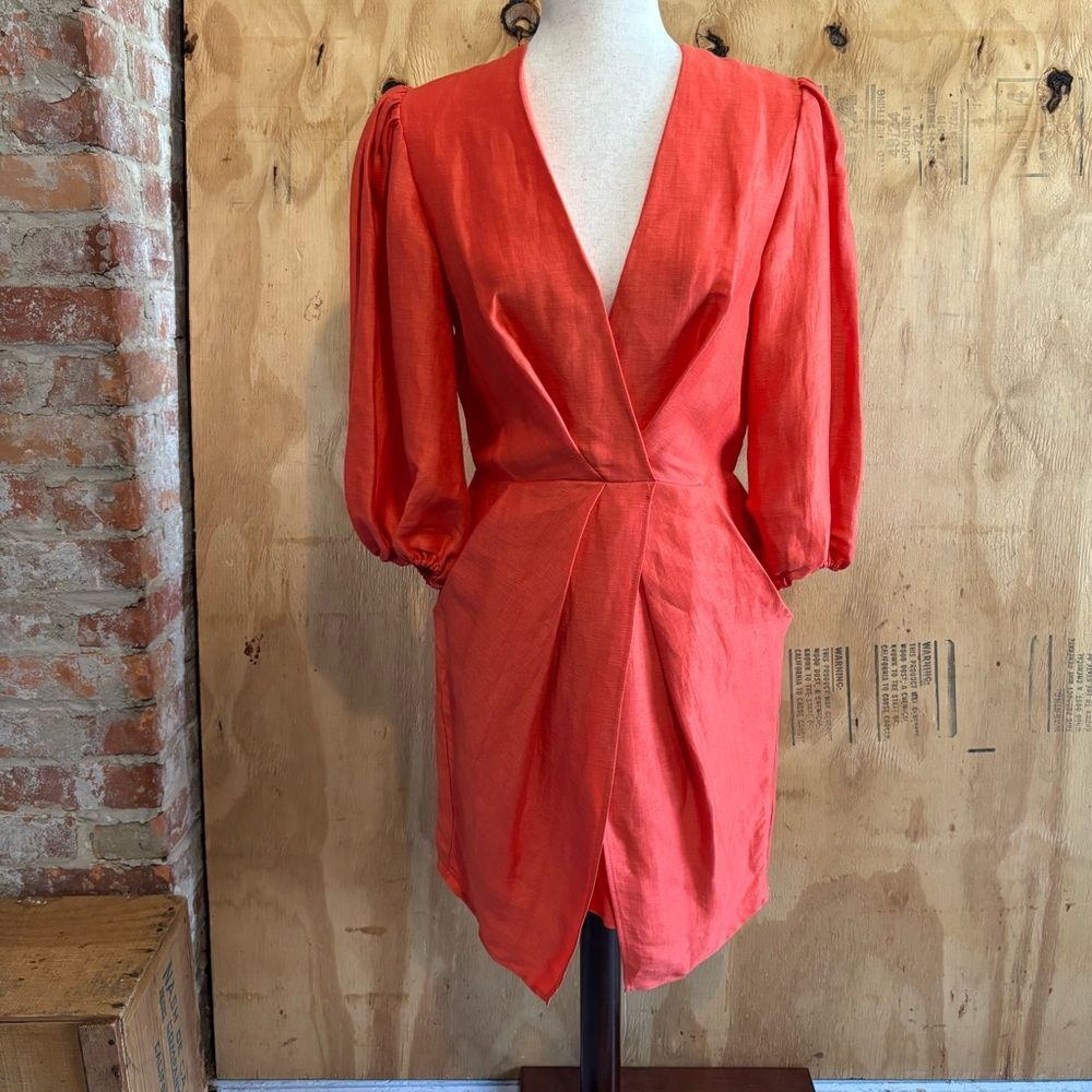Allen Schwartz Georgina Linen Puff Sleeve Day Dress Terracotta Orange Sz 6 - Picture 2 of 7